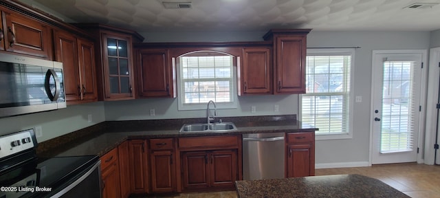 kitchen with a sink, dark countertops, visible vents, and stainless steel appliances