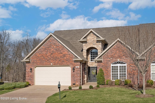 traditional home featuring brick siding, a front lawn, concrete driveway, and a garage