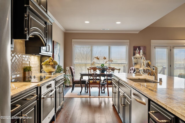 kitchen featuring a sink, dark wood-style floors, appliances with stainless steel finishes, crown molding, and light stone countertops