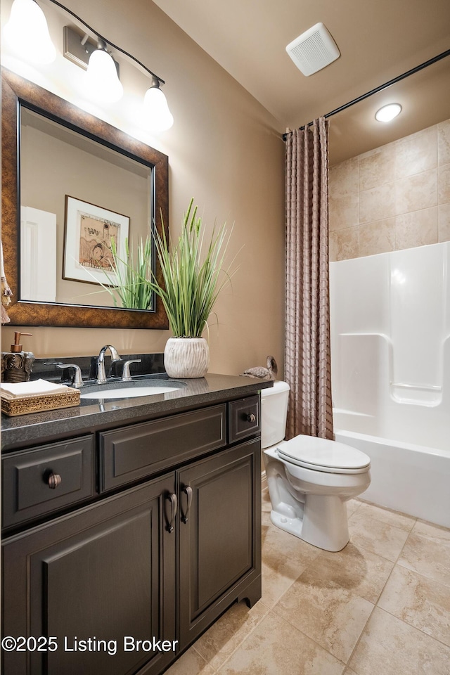 bathroom with visible vents, toilet, shower / tub combo with curtain, tile patterned flooring, and vanity