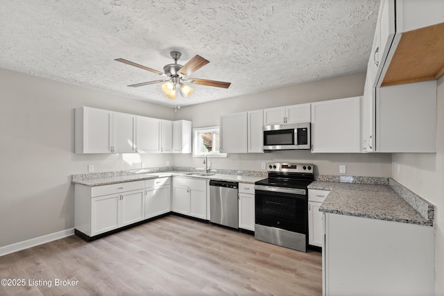 kitchen with white cabinetry, light wood finished floors, appliances with stainless steel finishes, and a sink