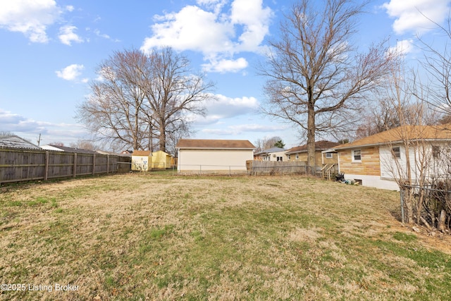 view of yard with an outbuilding and a fenced backyard