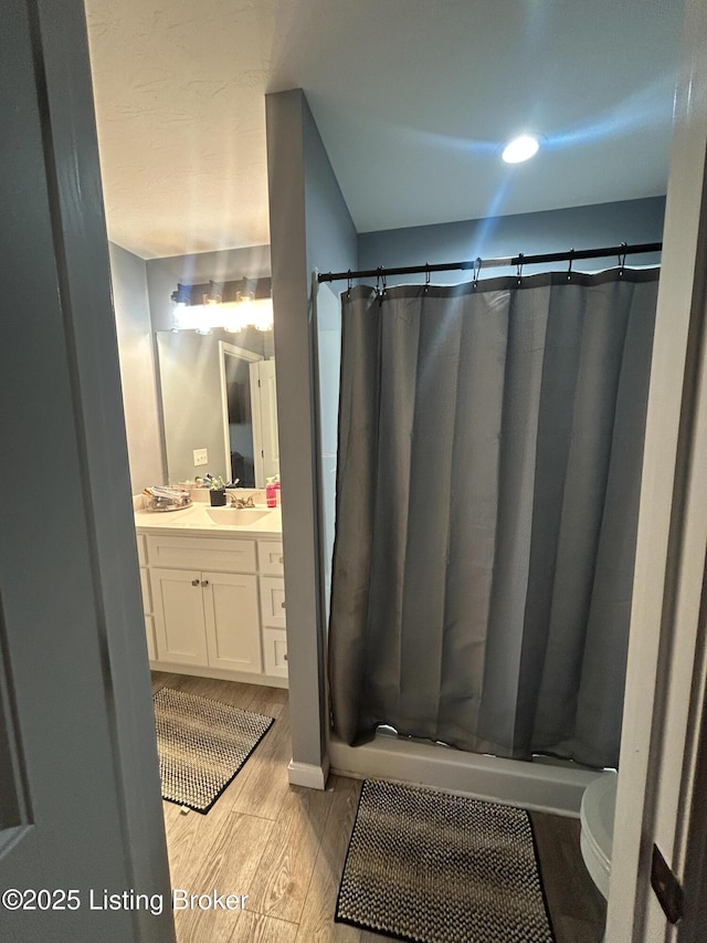 306 Oak Hill Ct, Bardstown, KY 40004 - bathroom featuring curtained shower, vanity, toilet, and wood finished floors