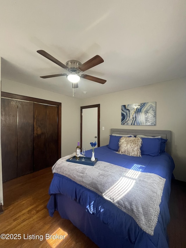 bedroom featuring a closet, ceiling fan, and wood finished floors