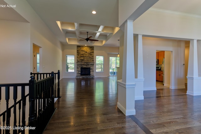 unfurnished living room featuring coffered ceiling, a ceiling fan, recessed lighting, and dark wood-type flooring
