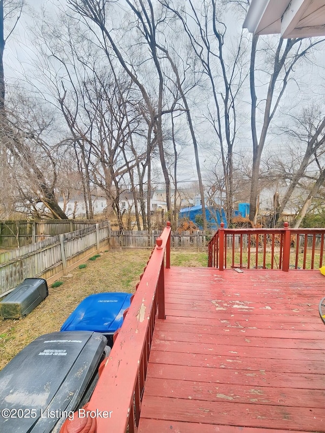 wooden terrace with a fenced backyard