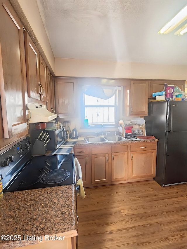 kitchen with black appliances, light wood-style flooring, a sink, under cabinet range hood, and dark countertops