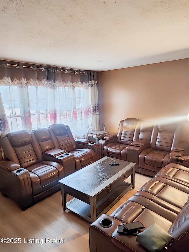 living room with light wood finished floors and a textured ceiling