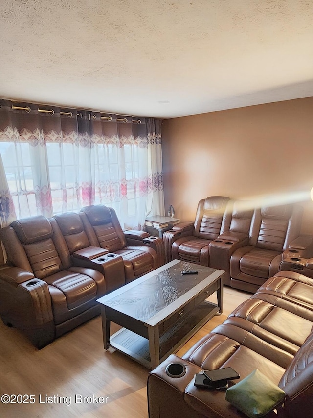 living area with light wood finished floors and a textured ceiling