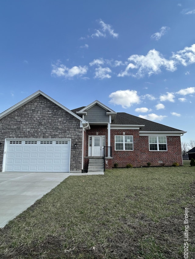 ranch-style house featuring brick siding, driveway, a front lawn, and a garage