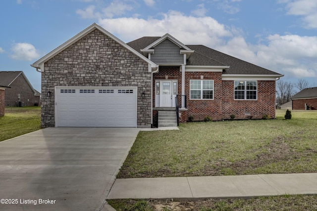 view of front facade featuring concrete driveway, a front lawn, a garage, and roof with shingles