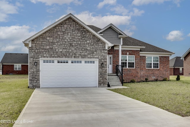 view of front of property featuring a front lawn, a garage, stone siding, and driveway