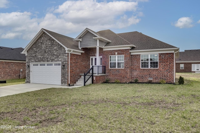 view of front of property with an attached garage, concrete driveway, a front yard, and roof with shingles