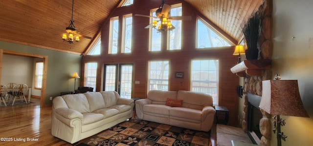 living area featuring ceiling fan, wood ceiling, a fireplace, wood finished floors, and high vaulted ceiling