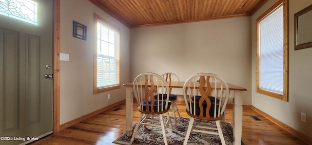 dining area with hardwood / wood-style floors, wood ceiling, visible vents, and baseboards