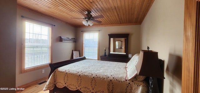 bedroom featuring ceiling fan, visible vents, and wooden ceiling