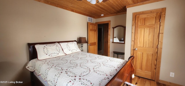 bedroom with visible vents, wood finished floors, and wooden ceiling