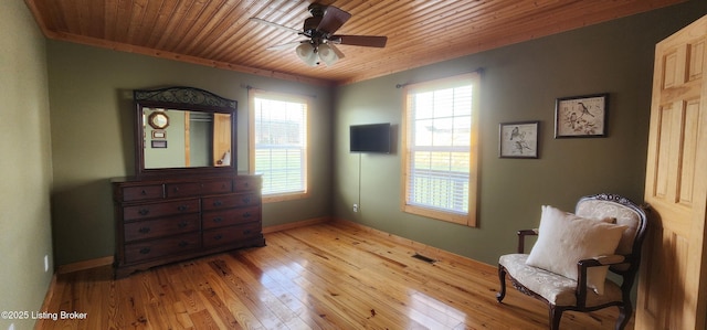 sitting room with hardwood / wood-style floors, wooden ceiling, visible vents, and a wealth of natural light