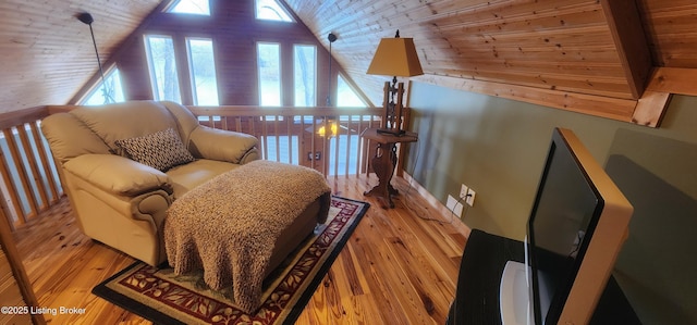 living area with light wood finished floors, wood ceiling, and lofted ceiling