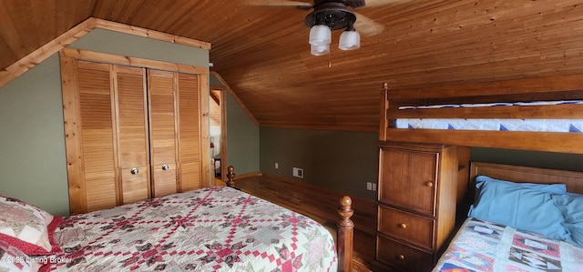 bedroom with wooden ceiling, lofted ceiling, and wood finished floors