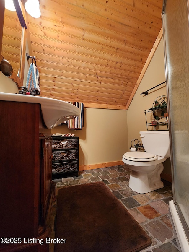 bathroom featuring an enclosed shower, toilet, wooden ceiling, baseboards, and vaulted ceiling