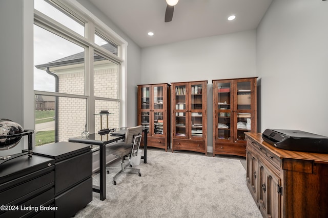 office featuring recessed lighting, carpet, and a ceiling fan