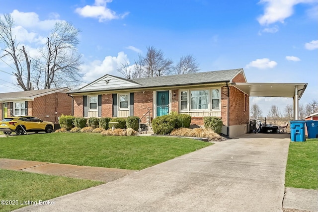 ranch-style home with a carport, driveway, brick siding, and a front yard