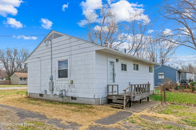 exterior space with crawl space and fence