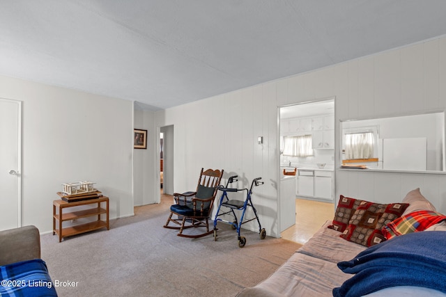 living area featuring light carpet