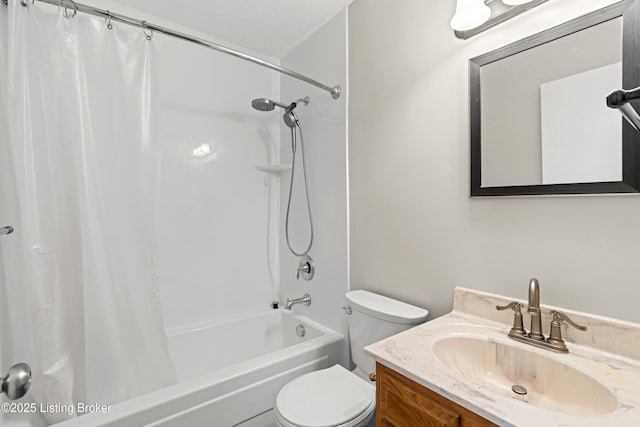 bathroom featuring vanity, toilet, and shower / tub combo with curtain