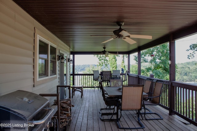 260 Patriots Path Ln, Falls Of Rough, KY 40119 - wooden deck with area for grilling, outdoor dining space, and ceiling fan