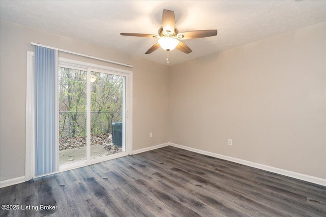 empty room featuring dark wood finished floors, a ceiling fan, baseboards, and a textured ceiling