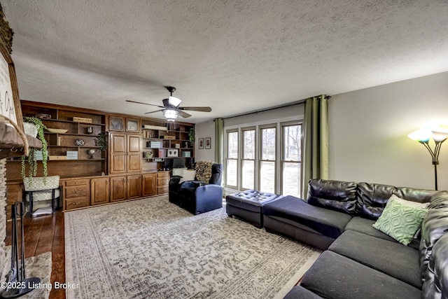 3140 Yorkshire Dr, Bardstown, KY 40004 - living room with a textured ceiling, dark wood-type flooring, and a ceiling fan