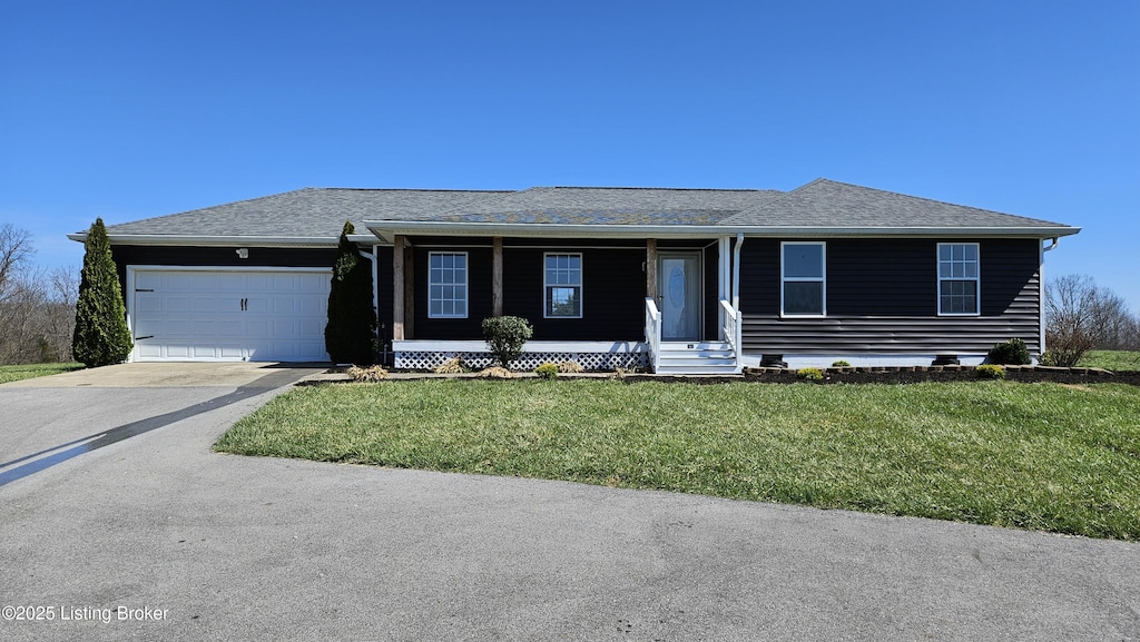 175 Ashland Meadows Dr, Taylorsville, KY 40071 - ranch-style house with a front lawn, an attached garage, driveway, and roof with shingles