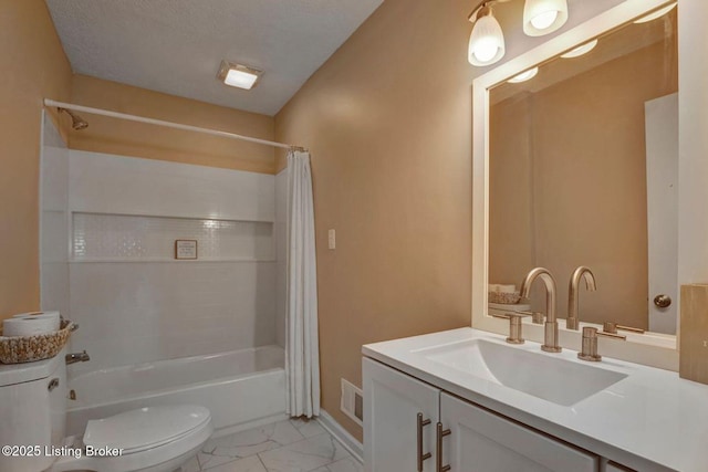 bathroom featuring visible vents, toilet, marble finish floor, vanity, and shower / bathtub combination with curtain