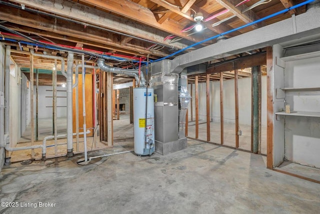 unfinished basement with heating unit and water heater