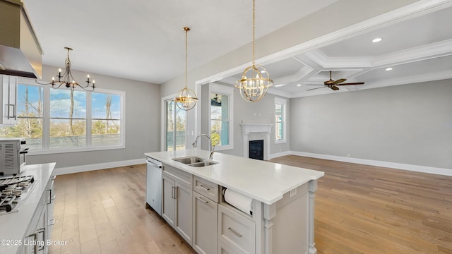 kitchen featuring light wood-style flooring, ceiling fan with notable chandelier, a sink, stainless steel appliances, and a fireplace