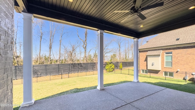view of patio / terrace featuring a ceiling fan and a fenced backyard