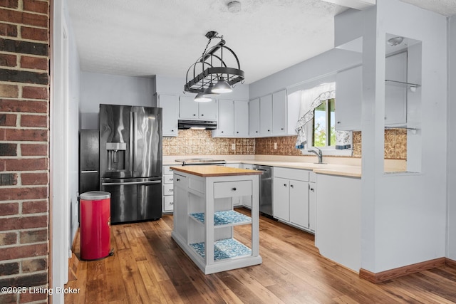268 Cobb Rd, Eminence, KY 40019 - kitchen with under cabinet range hood, a sink, wood counters, tasteful backsplash, and appliances with stainless steel finishes