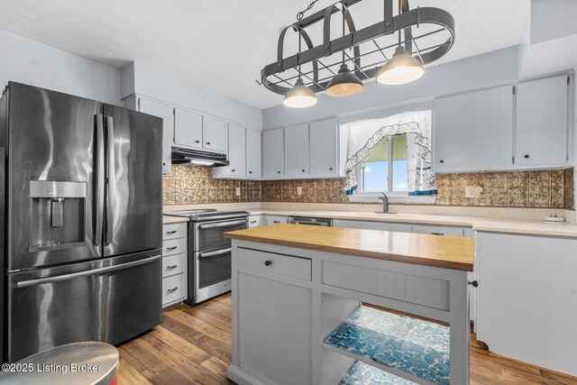 268 Cobb Rd, Eminence, KY 40019 - kitchen featuring under cabinet range hood, stainless steel appliances, wooden counters, and wood finished floors