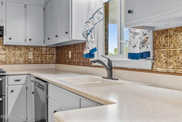 268 Cobb Rd, Eminence, KY 40019 - kitchen featuring a sink, white cabinetry, light countertops, backsplash, and appliances with stainless steel finishes