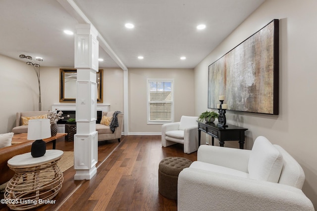 4316 Arwine Ct, Louisville, KY 40245 - living area featuring dark wood-style floors, recessed lighting, a fireplace, and baseboards