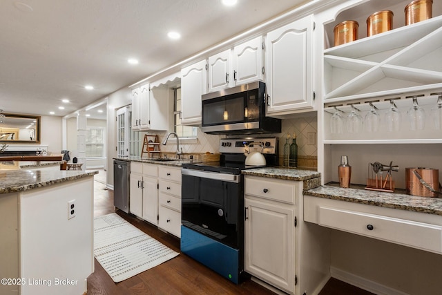 4316 Arwine Ct, Louisville, KY 40245 - kitchen with a sink, appliances with stainless steel finishes, dark wood-style floors, white cabinets, and open shelves