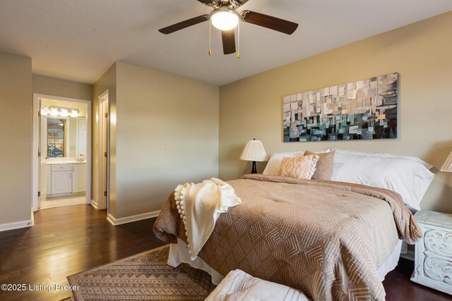 4316 Arwine Ct, Louisville, KY 40245 - bedroom featuring ceiling fan, connected bathroom, baseboards, and wood finished floors