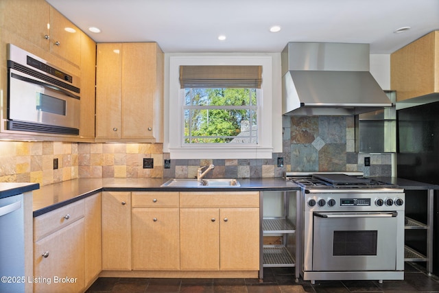 kitchen featuring backsplash, dark countertops, wall chimney exhaust hood, appliances with stainless steel finishes, and a sink