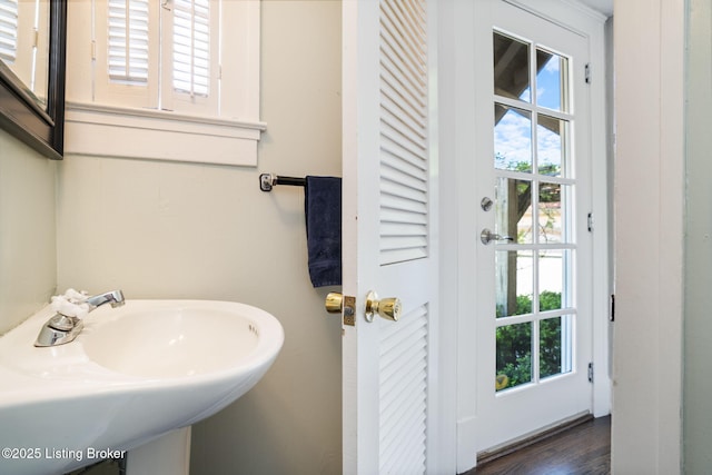 bathroom featuring a wealth of natural light, a sink, and wood finished floors