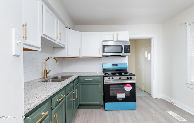 5512 Mae Ct, Louisville, KY 40214 - kitchen with visible vents, a sink, stainless steel appliances, white cabinets, and green cabinets