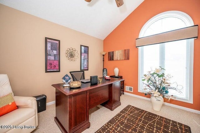 360 Rockcastle Villa, Shepherdsville, KY 40165 - office area with light carpet, a ceiling fan, baseboards, and high vaulted ceiling