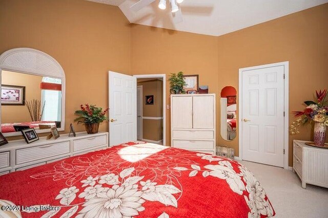 360 Rockcastle Villa, Shepherdsville, KY 40165 - bedroom with light carpet, high vaulted ceiling, a ceiling fan, and baseboards