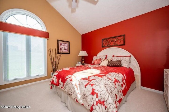 360 Rockcastle Villa, Shepherdsville, KY 40165 - bedroom featuring carpet flooring, vaulted ceiling, multiple windows, baseboards, and a ceiling fan